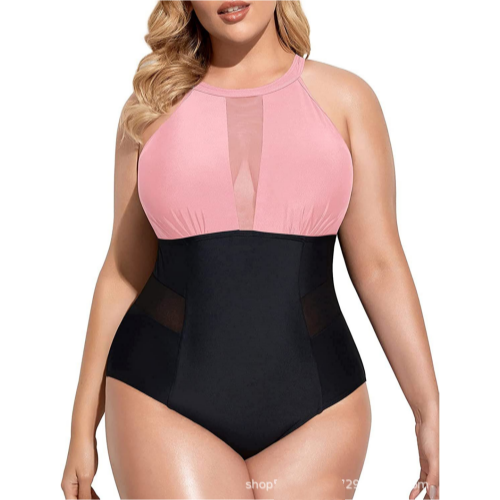 Women Plus Size One Piece Swimsuit High Neck Plunge Mesh Cut Out Bathing Suits